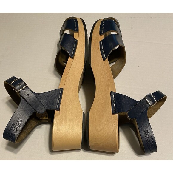 Swedish Hasbeens Peep Toe Clogs Sandals Women's Sz 39 Leather 8.5/9 Navy Blue - Picture 4 of 16